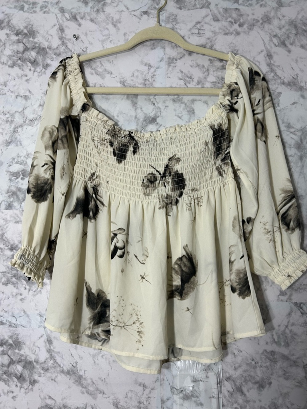 Express Cream Off-Shoulder Floral Smocked Crop Top